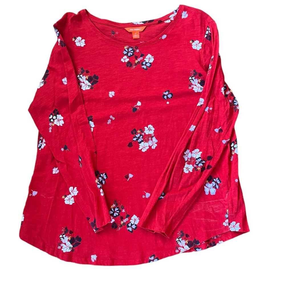 NWOT • Joe Fresh Long Sleeve Tee, Red with Flower Pattern - Picture 2 of 8